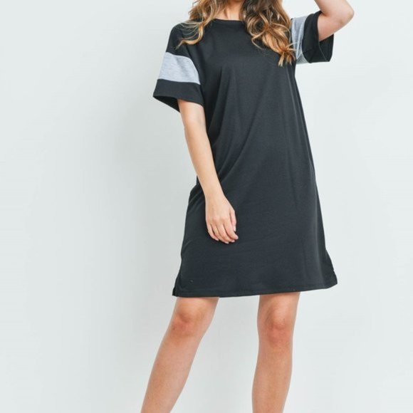 Oversized Black & Gray Boyfriend Shirt Short Sleeve Relaxed Dress - Picture 1 of 5